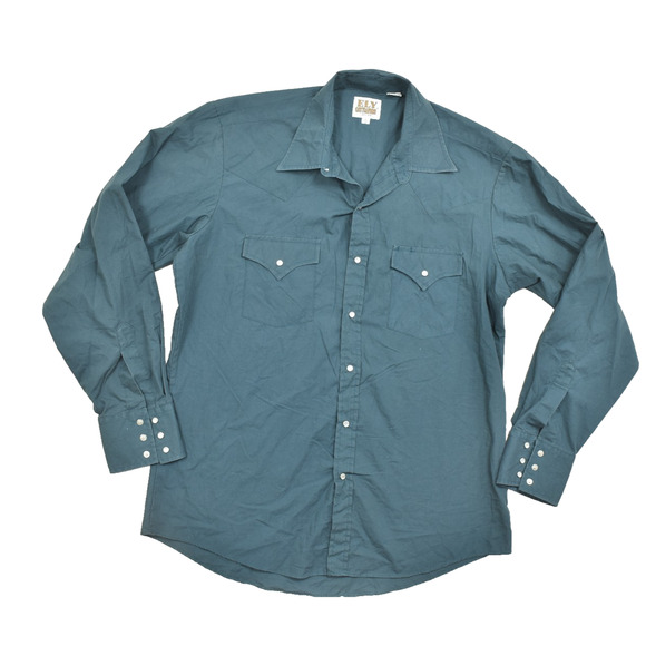 Men's Ely Cattleman Western Shirt Regular Size 16/35 Blue Green Pearl Snap - Picture 1 of 8